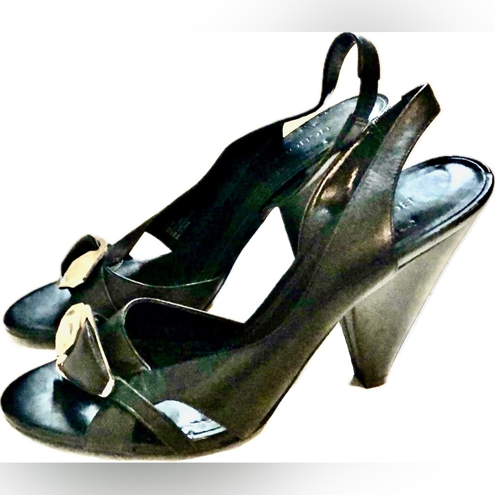 BCBG Generation black sling back open toe pumps